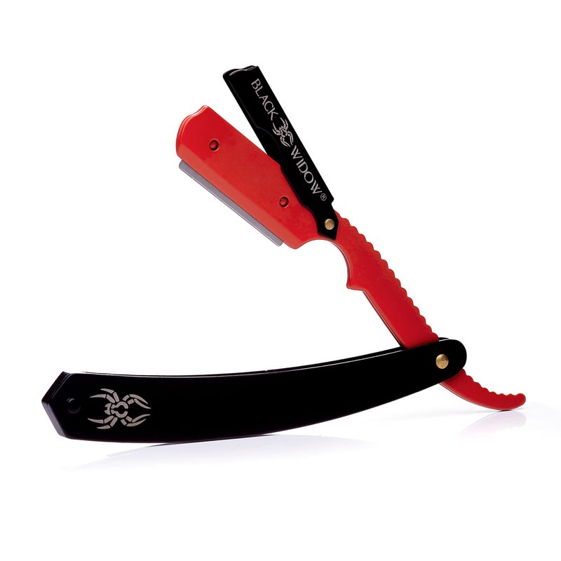 Black Widow Professional Barber Straight Edge Razor â€“ Stainless Steel Shavette, 1.5 mm Blade Exposure, Matte Black & Red, 10 Double Edge Blades (20 Single-Edge) for Lineups & Beard Shaping - Image 1